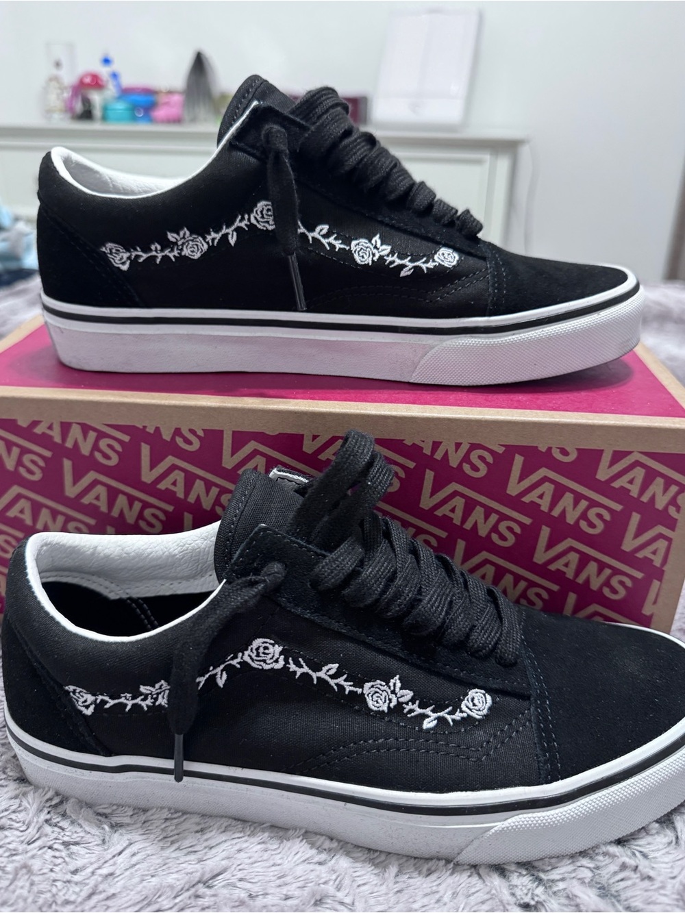 Vans Black Suede Low-Top Sneakers with White Rose Embroidery